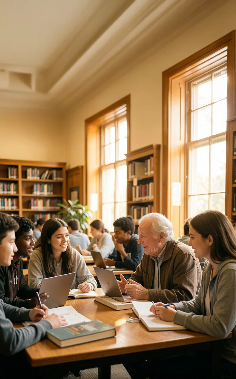 Senior citizen and college students studying together